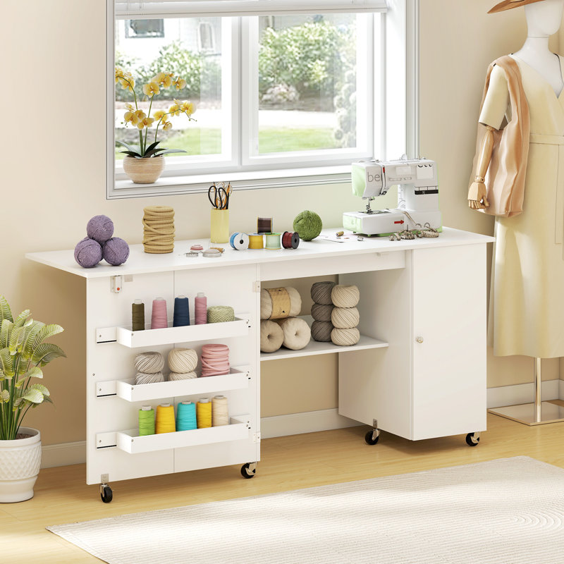 Table de couture pliante avec abattant, table de bricolage roulante, blanc, Grain de bois blanc