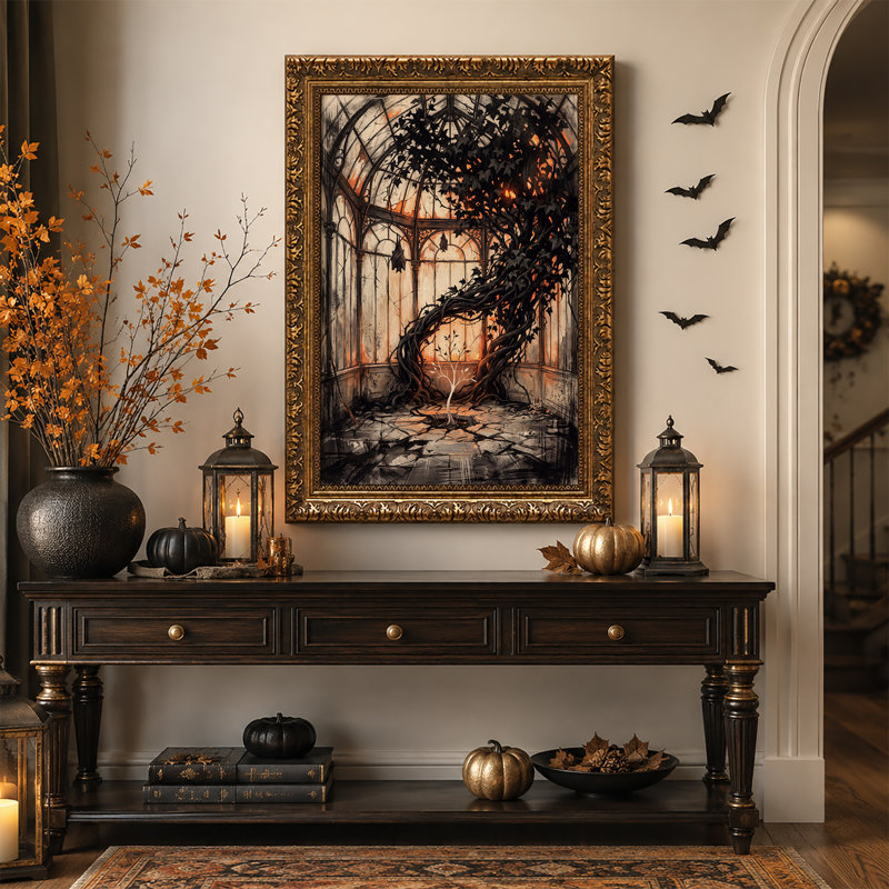 Vignes sombres et entrelacées et arbre lumineux dans une toile murale gothique d'Halloween, H 30 po x l 20 po