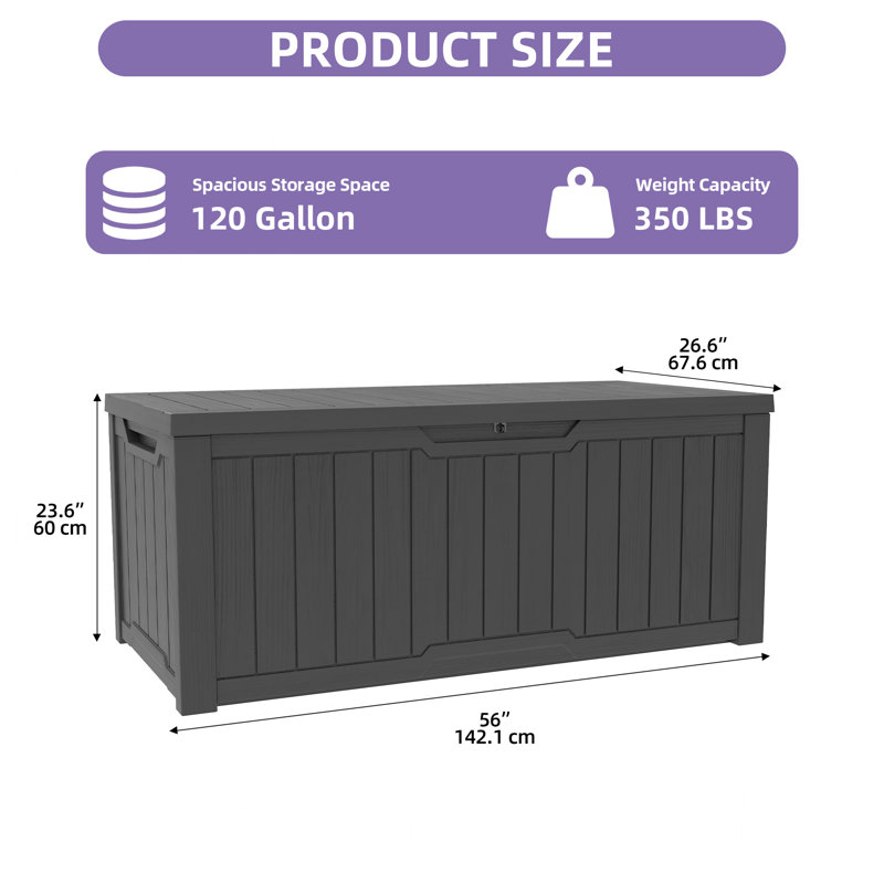 Coffre de terrasse Quartey en résine 120 gallons avec mécanisme de fermeture en douceur, gris