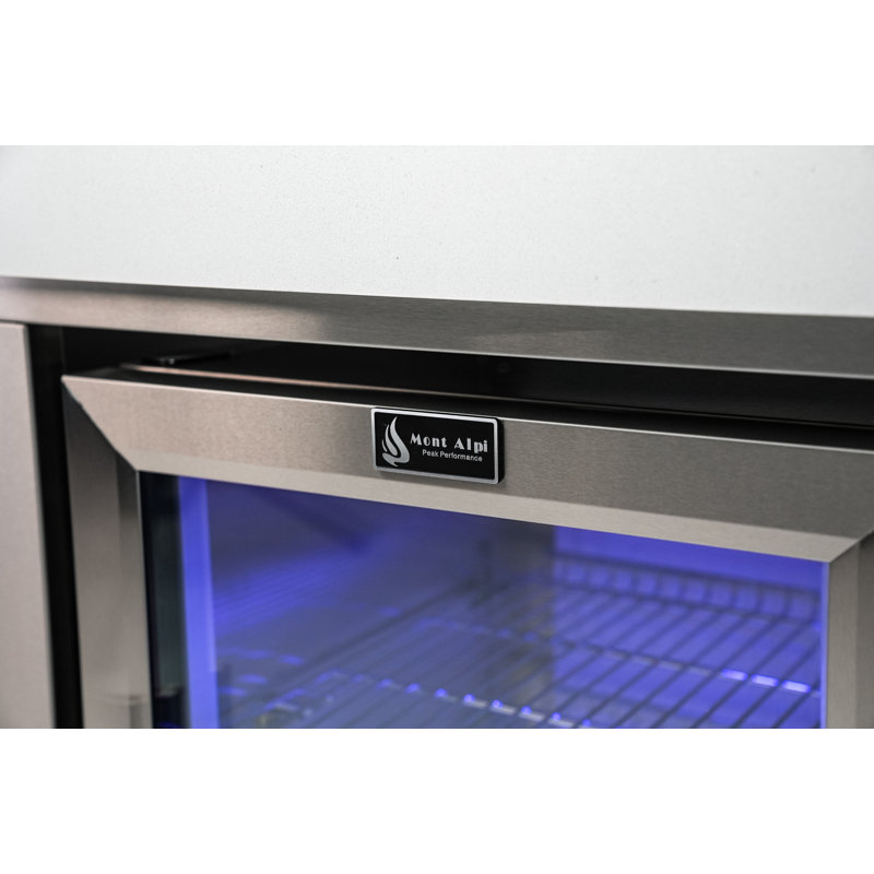 Mont Alpi MASFM-BSS 2.7 Cubic Ft. Black Stainless Steel Outdoor Rated Wine Cooler Lockable Compact Refrigerator Fridge Cabinet Module with Granite Countertop & Blue LED Lighting