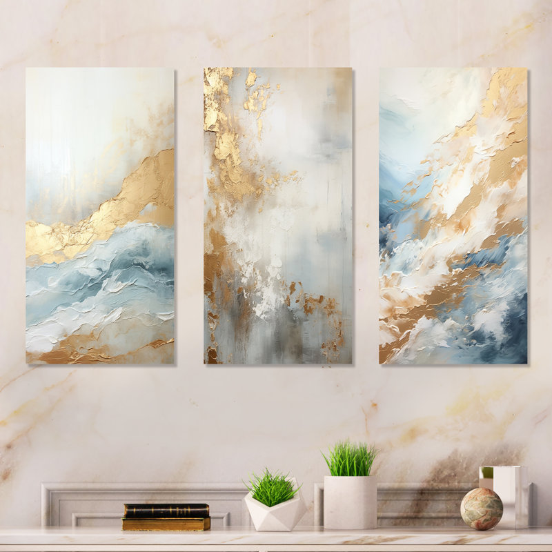 Ensemble de 3 décorations murales en métal Beige Blue Gold Ocean Storm - Collages abstraits, H 28 po x l 36 po