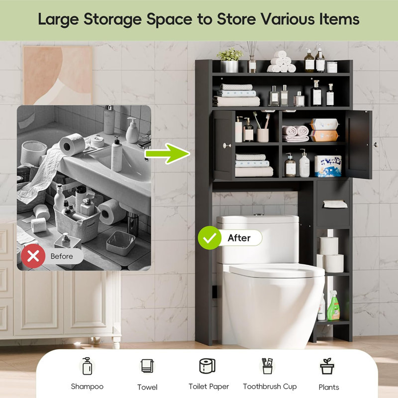The Toilet Storage Cabinet With Doors, 32" Bathroom Storage Organizer With Side Shelves, Space-Saving Toilet Storage Rack For Bathroom, Laundry