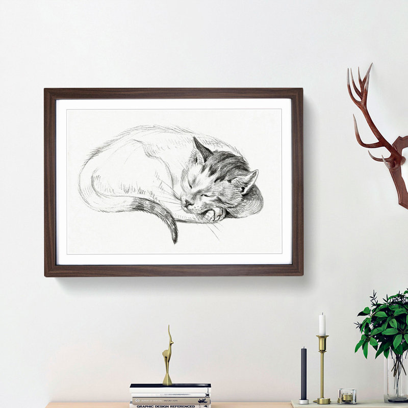 Sleeping Cat by Jean Bernard - Picture Frame Drawing Print, 27cm H x 36cm W x 2cm D, Walnut Framed