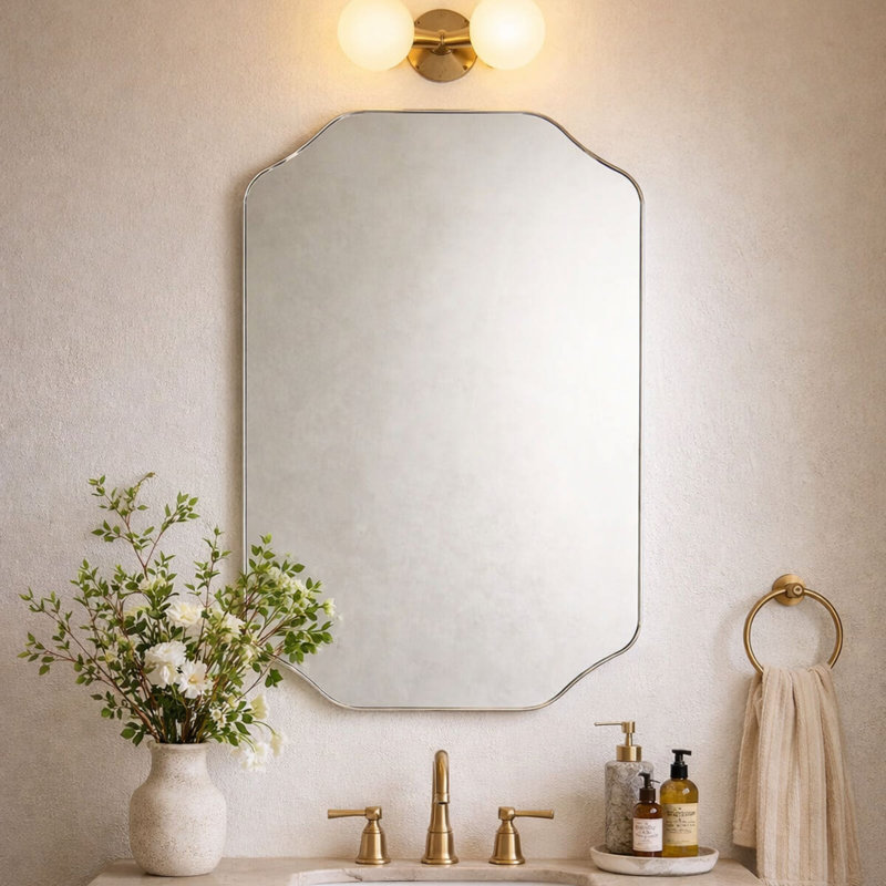 Kudi Scalloped Brushed Nickel Bathroom Mirror Decorative Silver Metal Framed Irregular Bathroom Vanity Mirror Wall Mounted 32 x 24''