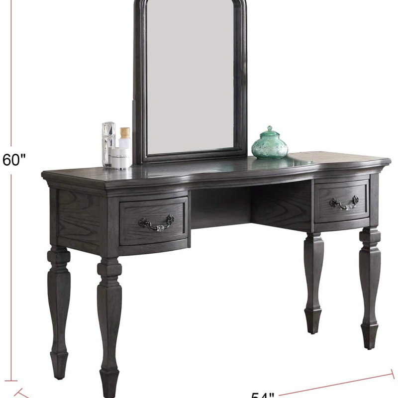 Bedroom Classic Vanity Set Wooden Carved Mirror Stool Drawers, Gray