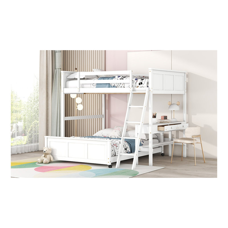 Lit double superposé au dessus d'un lit double avec bureau, blanc, Blanc