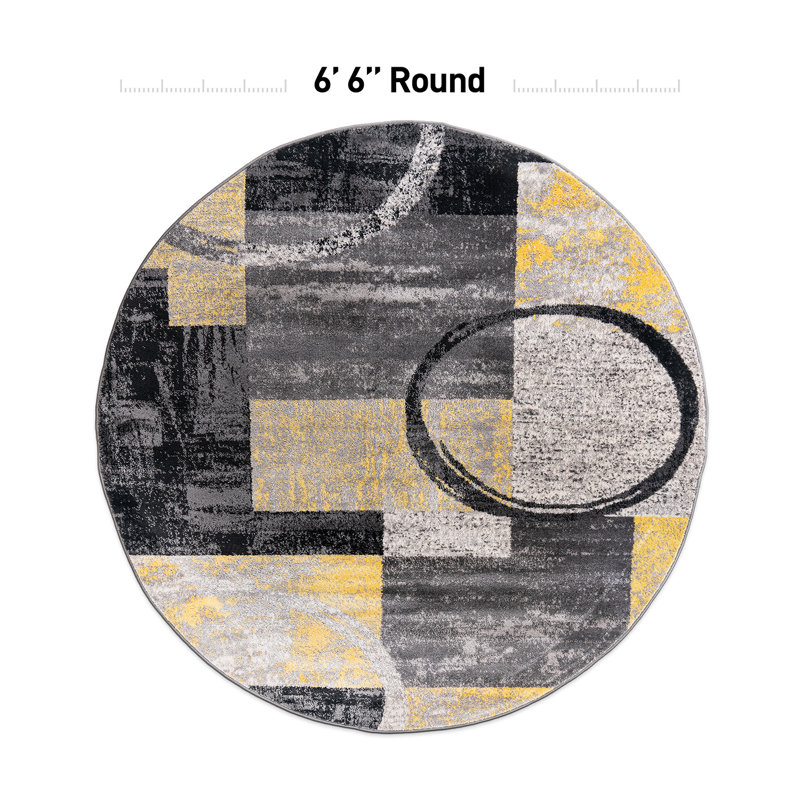 Tapis moderne performance gris, ivoire et bleu à motif abstrait Fanton, Jaune, Rond 6 pi 6 po