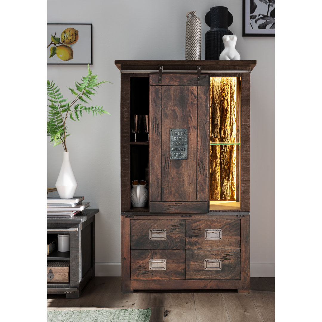 Highboard Mango massiv braun lackiert 90x150x45 cm inkl. Beleuchtung und Schiebetür