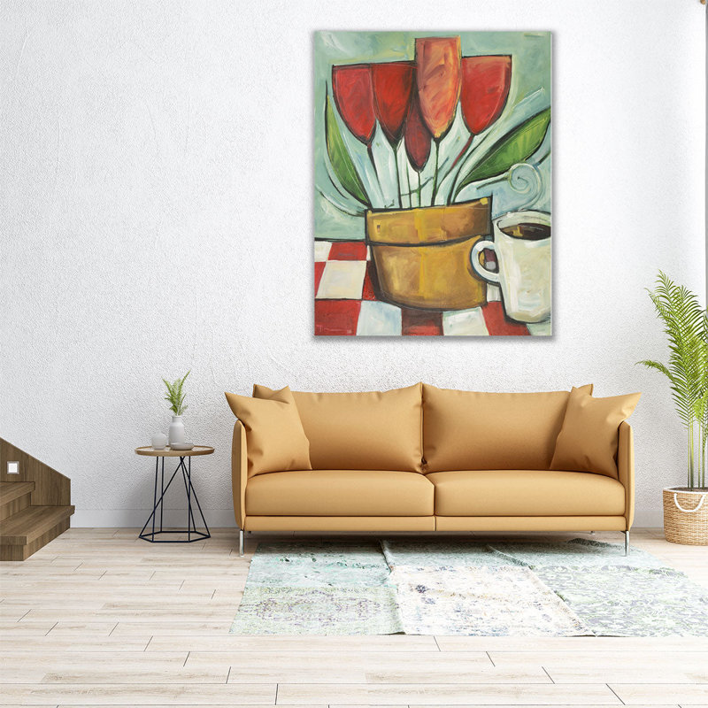 Tulipes et café Reprise - reproduction d'art sur toile, H 20 po x l 16 po