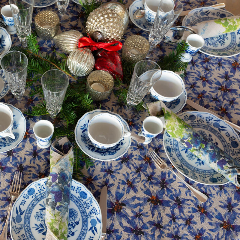 Organic Linen Tablecloth in Blue Harem, 59" x 110" Rectangle