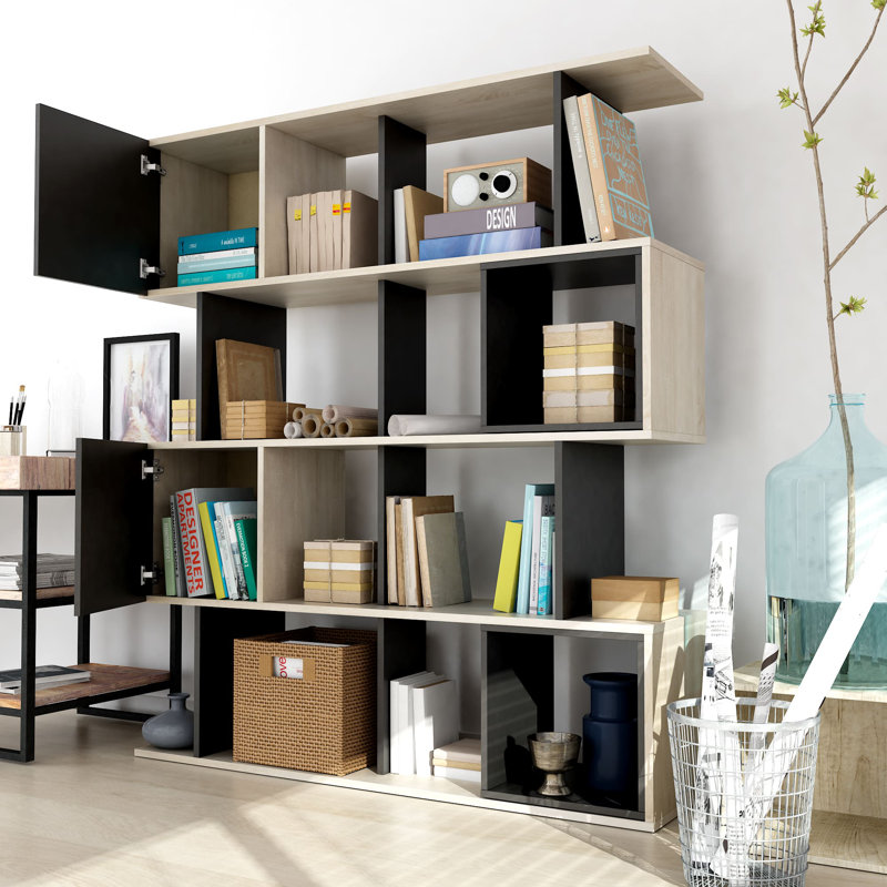 Black and Beige Geometric Manufactured Wood Bookcase
