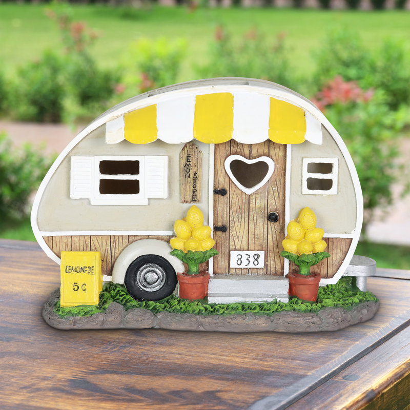 Exhart Solar Hand Painted Lemonade Camping Trailer Statue, 9.5 by 6 Inches