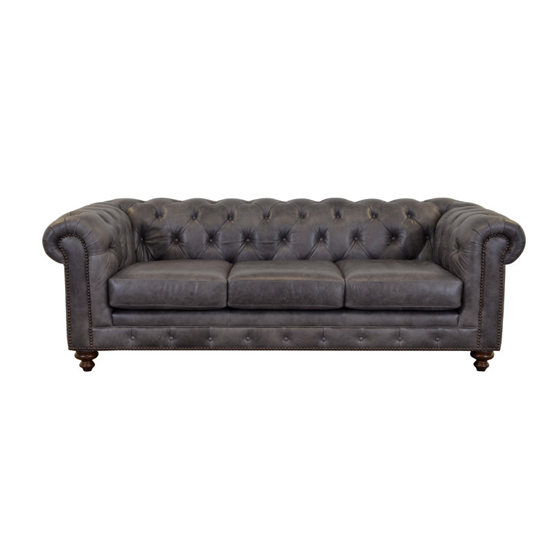 Canapé Chesterfield à accoudoirs roulés en cuir véritable 95 po Sirvon, Cuir véritable gris anthracite Berkshire