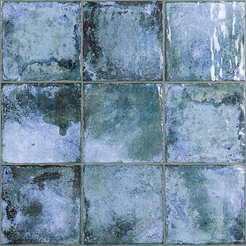 Angela Harris Dunmore 8x8 Polished Hand Painted Look Ceramic Tile, Blue