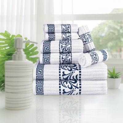 Athens Cotton Medium Weight Floral Border Greek Key Trim 8 Piece Assorted Towel Set by 
