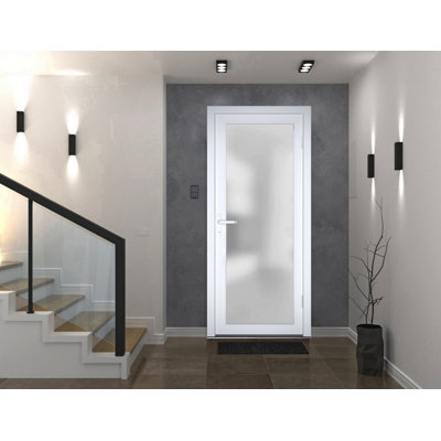 Porte d'entrée extérieure prémontée en fibre de verre dépoli Manux 8102 Blanc Soie, portes pour bureaux, commerces et habitations, entrée, patio, garage - L 30 x H 80 - Ouverture à gauche vers l'intérieur