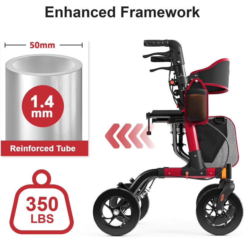 Rollator Walker with Seat for Seniors, 350 lbs Heavy-Duty Aluminum Frame, 18" Padded Seat, 8" All-Terrain Wheels, 1-Second Folding Mobility Aid with Storage Bag (Red)