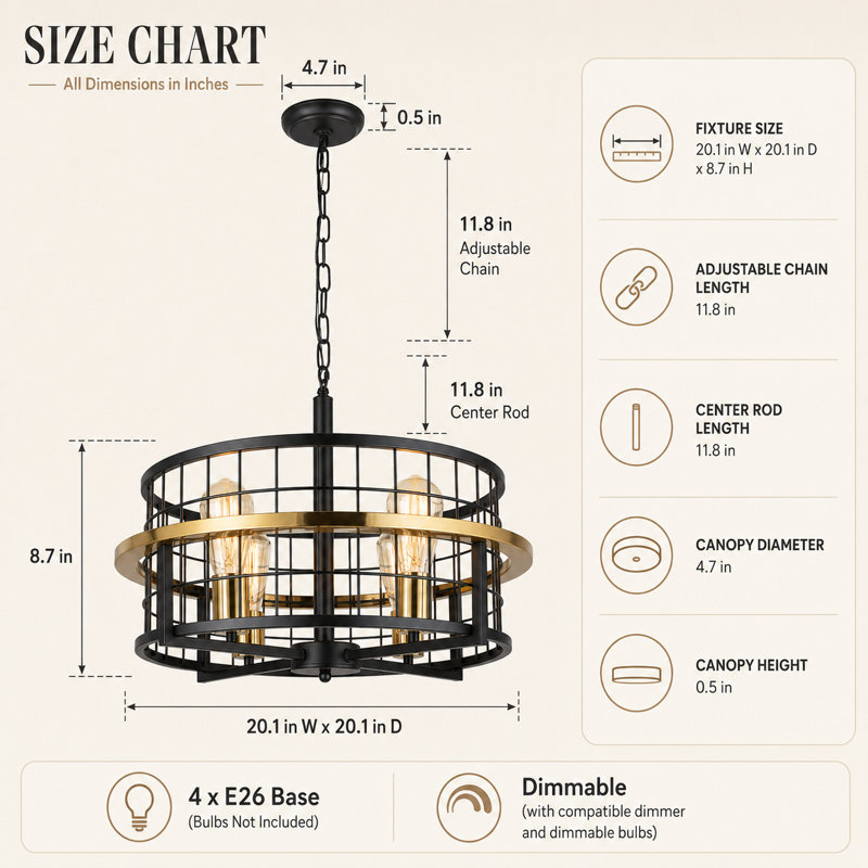 4 - Lustre tambour industriel léger à intensité variable avec cage en métal noir et or
