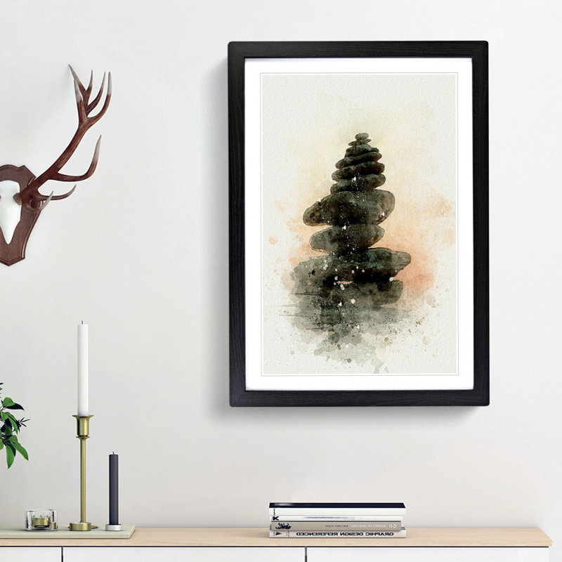 Balancing Zen Stones in Abstract - Picture Frame Graphic Art Print, 65cm H x 48cm W x 2cm D, Black Framed