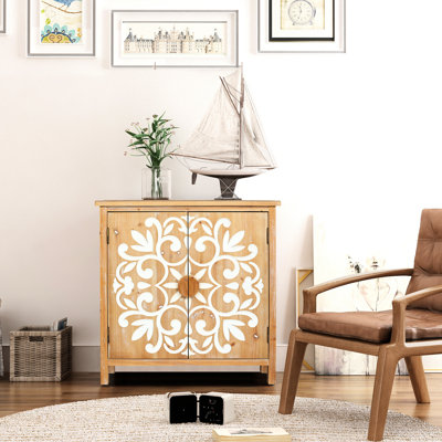 Armoire d'appoint rustique en bois à 2 portes avec motif floral sculpté à la main pour le salon, le vestibule ou la salle à manger