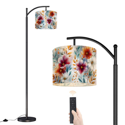 Arc Floor Lamp Watercolor beautiful colorful wildflowers seamless Dirty Floor Lamps with Remote LED Lights Adjustable Lamp Shades Tall Standing Lamps for Reading Office Living Room