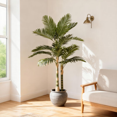 5Ft Golden Cane Artificial Palm Tree With Black Plastic Pot - Faux Tropical Plant For Indoor Outdoor Decoration, Realistic Appearance, Easy Care