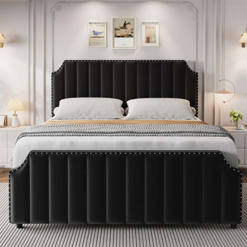 King Size Velvet Bed Frame, 50.2" Tall Headboard & Footboard, Upholstered Platform Queen Bed Frame with Nailhead Trim, No Box Spring Needed, Noise Free, Solid Wooden Slats, Black