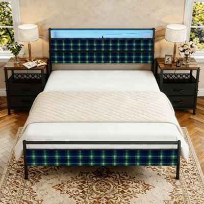 LED Light Bed Frame with USB & C Ports, 1000 LBS Weight Capacity, Platform Bed Frame with 3 Wooden Slats