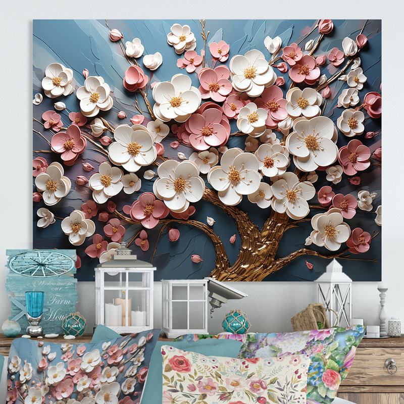 Orchidée rose et or, jardin de branches I - arbre, art mural en métal, H 16 po x l 32 po x P 1 po