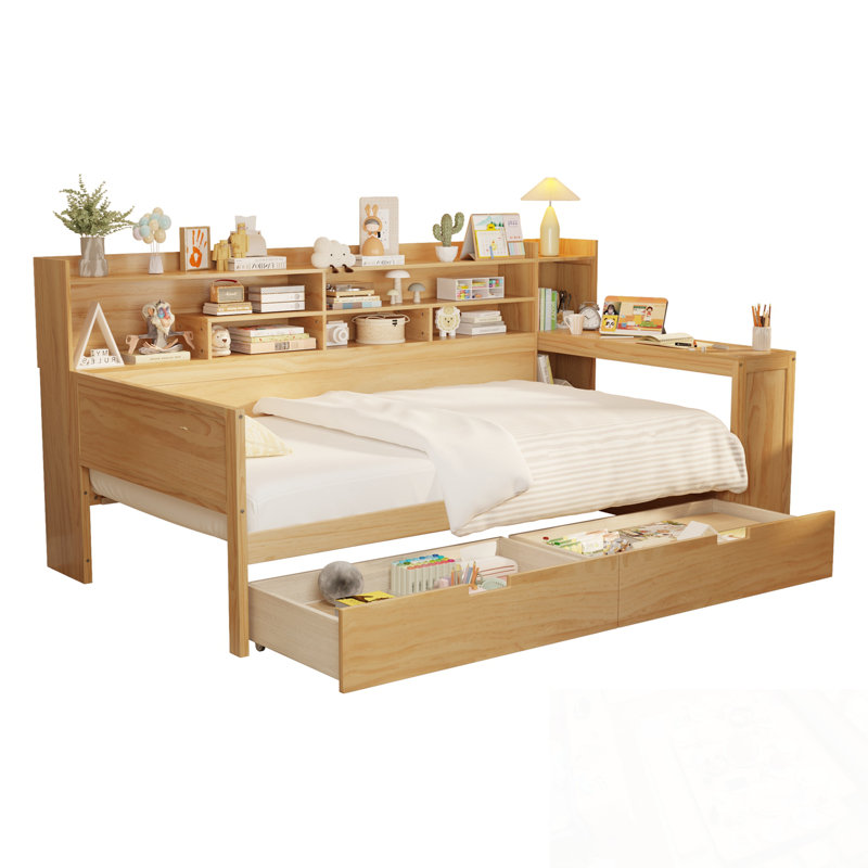 Lit de jour simple en bois avec tablettes de rangement, deux tiroirs et bureau d'étude, Lit simple, Naturel