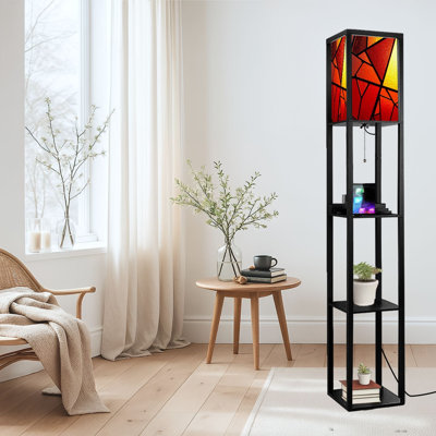 Dimmable LED Standing Floor Lamp Stained Glass Print Colorful Window Mosaic Art, MDF Frame Floor Lamp with Remote Control, 3 Color Light, for Living Room Bedroom