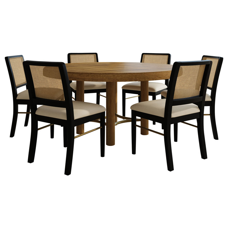Dekiya 7-Piece Round Dining Table Set Sand Wash And Black, Cream/Black/Brown