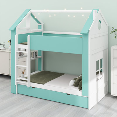 Lit superposé en forme de maison avec tiroirs de rangement, tablettes et éclairage intégré