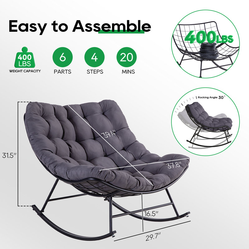 Chaises berçantes d'extérieur avec coussins et repose-pieds, Gris