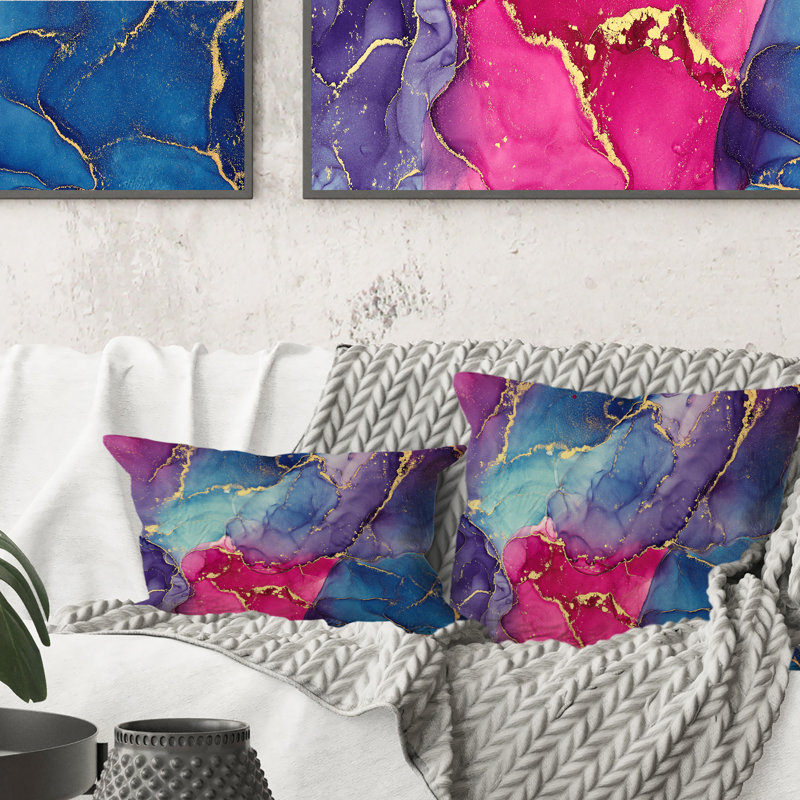Bleu et rose, luxe, art abstrait fluide - coussin décoratif moderne, 16 po x 16 po