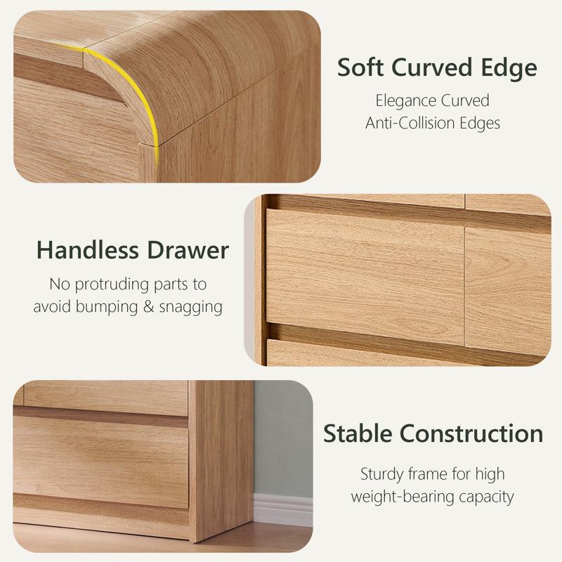 Commode moderne à 8 tiroirs de 55 po de largeur avec profil profilé incurvé pour chambre à coucher, salon, Naturel