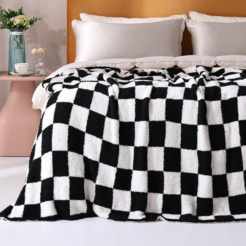 Ultra Soft Black and White Checkered Fleece Throw Blanket
