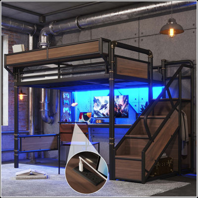 Full Industrial Loft Bed with Desk and Storage