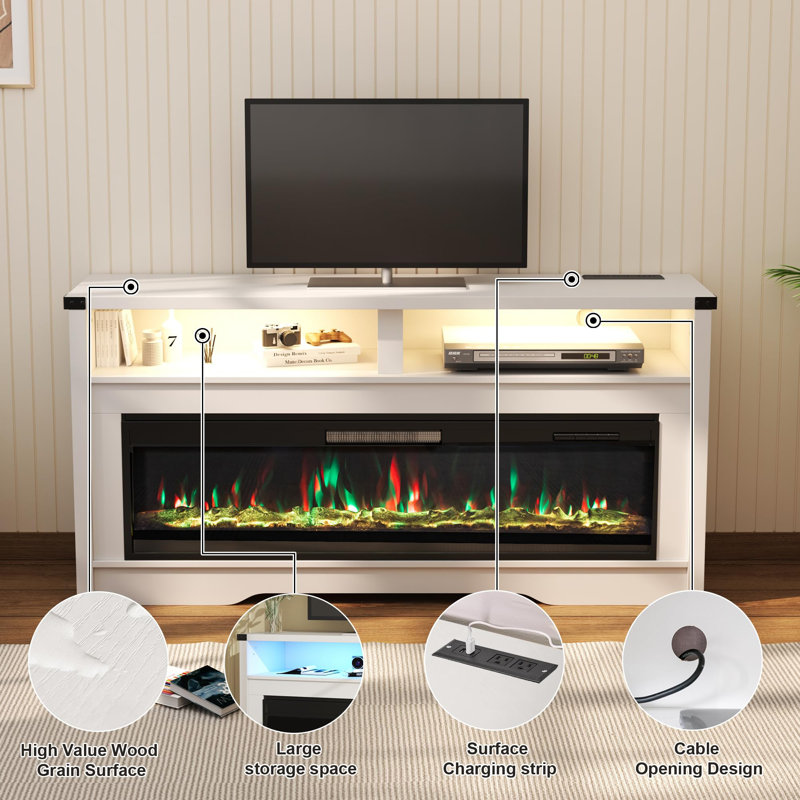 59.8'' Media Console with Fireplace, White Wood
