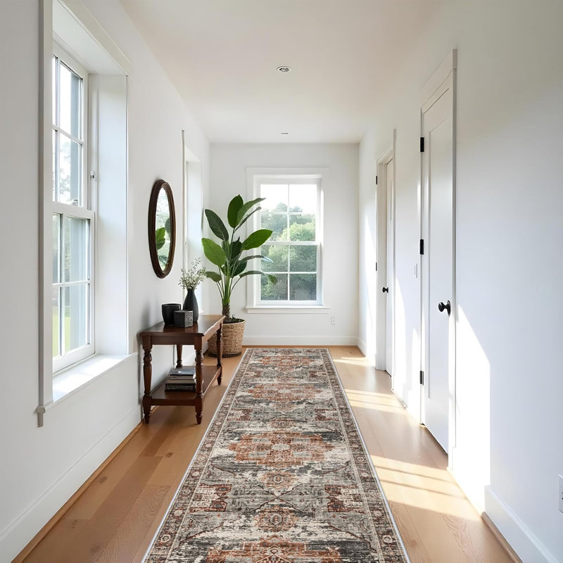 Washable Rugs - Large Boho Rugs for Living Room Stain Resistant Carpet Vintage Tribal Rugs for Bedroom Kitchen Bathroom Non Slip Backing Home Decor Floor Decoration Mat Brick