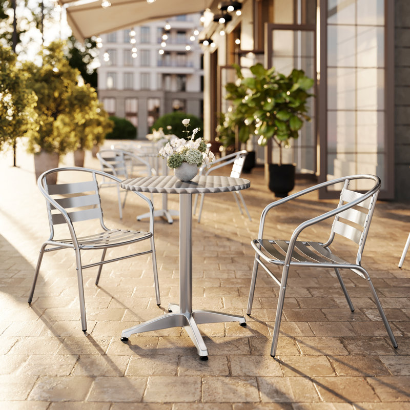 Moraal Round Aluminum Indoor-Outdoor Table Set with 2 Slat Back Chairs, 27.25" H x 23.5" W x 23.5" D, Silver