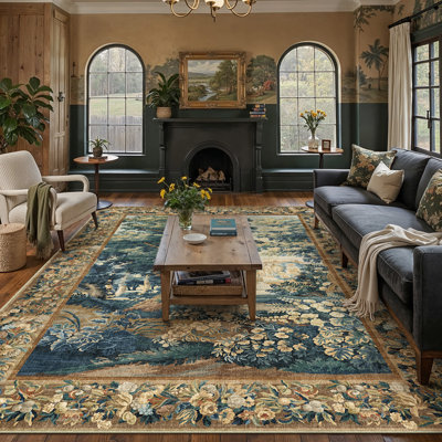 Tapis lavable à motif floral bleu / vert / brun avec envers antidérapant Rylee