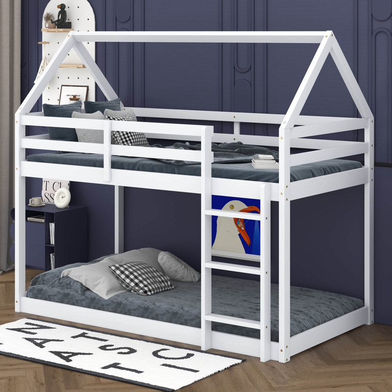 Arja Twin Over Twin Bunk Bed, Rubber Wood House Bed Frame, White