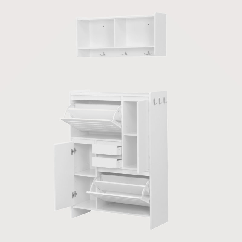 Multi-Functional Tipping Bucket Shoe Cabinet With Wall Cabinet, Space-Saving Design Foyer Cabinet With 2 Flip Drawers, Versatile Side Cabinet For Hallway