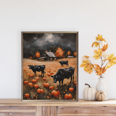 "Angus dans un champ de citrouilles" sur bois
