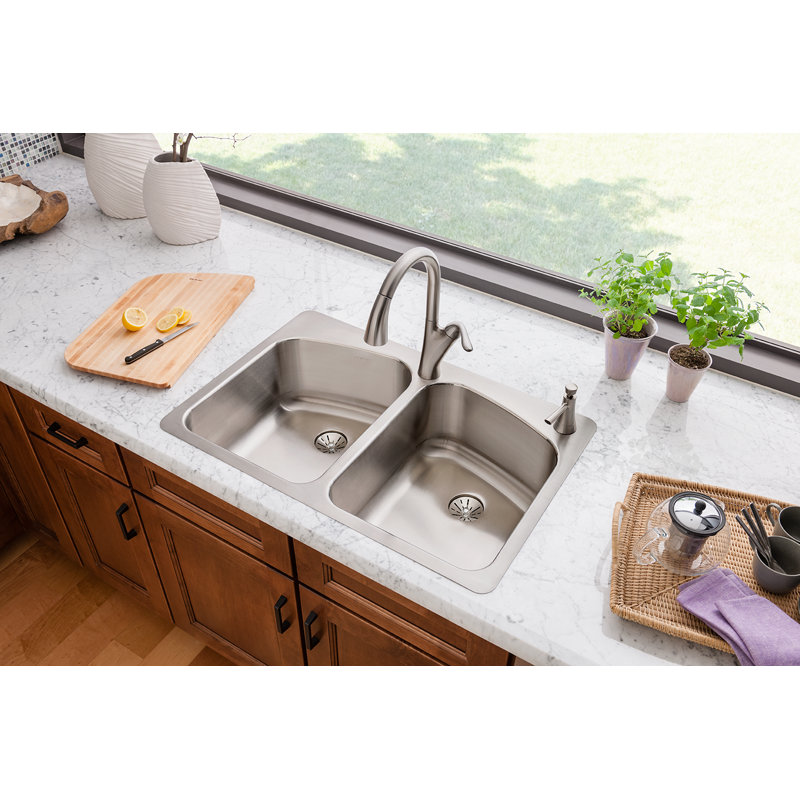 Lustertone 33" L x 22" W Double Basin Dual Mount Kitchen Sink with Drain Assembly, 2 hole, Right