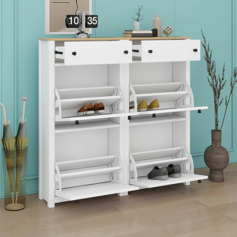 Armoire à chaussures moderne et multifonctionnelle avec 4 tiroirs rabattables, Blanc