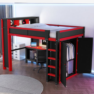 Queen Loft Bed with Desk & Wardrobe, Wooden Loft Bed with Storage Headboard, USB Charging, Space-Saving, Red/Black