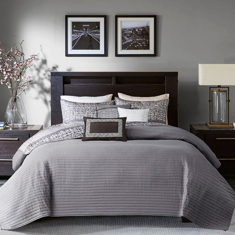Courtepointe 6 pièces gris / taupe, très grand / très grand, coussins décoratifs avec plis, rembourrage taupe gris luxueux lavable à la machine, lavable, plissé et brodé