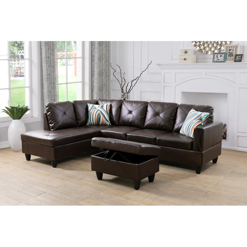 Faux Leather L-Shaped Sectional Left Hand Facing, Dark Brown Faux Leather, Left Hand Facing